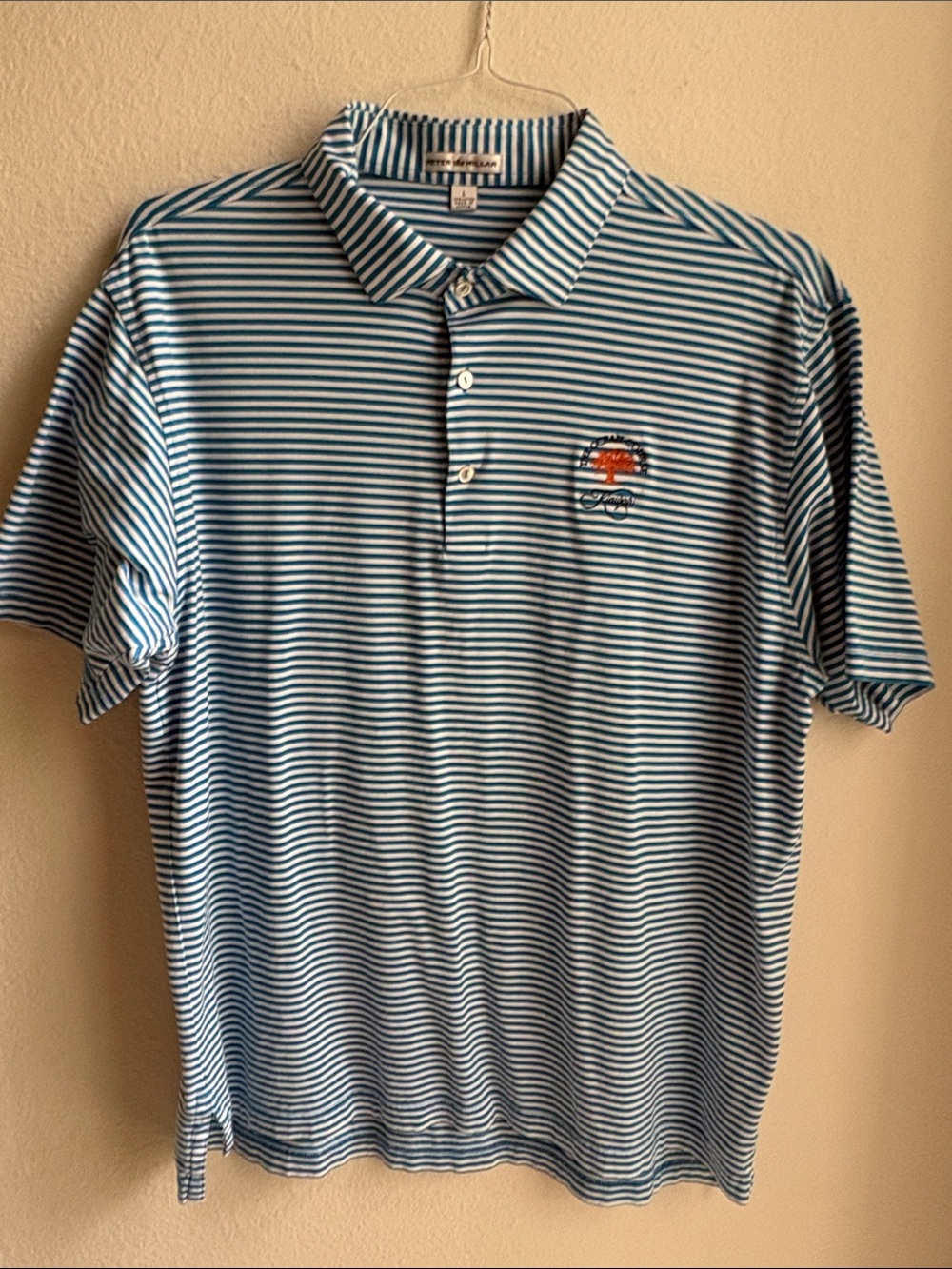 Large Peter Millar 100% cotton blue stripe polo golf shirt with embroidered logo